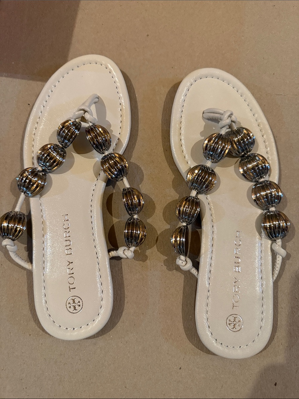 Tory Burch White Leather Beaded Thong Sandals with large Metallic Silver Beads
